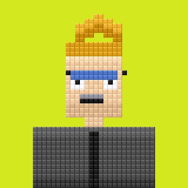 A pixel-art style digital illustration of a character with blonde hair, a blue headband, and a black shirt against a bright yellow background.
