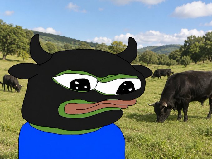 A cartoonish black bull character with big expressive eyes and a blue shirt is overlaid on a pastoral scene of black cattle grazing in a green field with rolling hills and trees in the background.