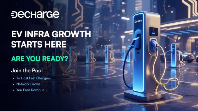 The image shows a charging station with multiple electric vehicles plugged into it. The charging station has a blue pole that displays "@DeCharge" and "EV INFRASTRATION GROWTH Starts Here", indicating its purpose for joining the pool of fast chargers. The image also includes text about the EV charging network, which is designed to process data from multiple electric vehicles simultaneously using Solana microchains in parallel. This allows for efficient energy management and faster settlement times after each session.