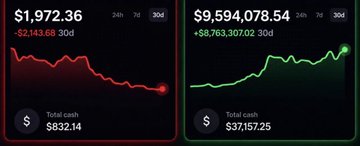 Two portfolio charts showing one account with $1,972.36 (down $2,143.68 over 30 days) and another with $9,594,078.54 (up $8,763,307.02 over 30 days).