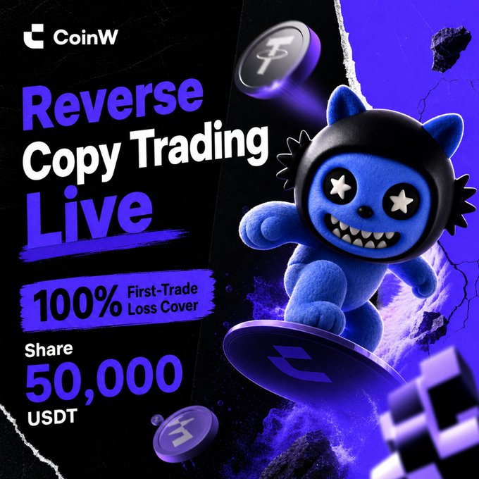 A promotional advertisement for CoinW featuring a blue plush toy character with star eyes and a toothy grin, promoting 'Reverse Copy Trading Live' with 100% first-trade loss cover and a 50,000 USDT prize pool.