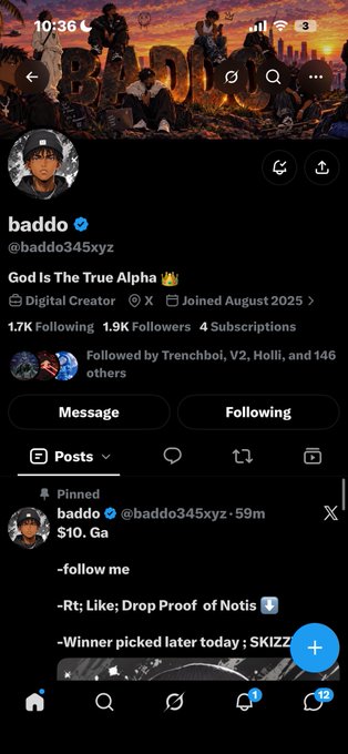 A Twitter/X profile page for 'baddo' (@baddo345xyz) with the display name 'God Is The True Alpha', showing 1.7K Following, 1.9K Followers, and a pinned post offering a $10 reward for engagement.