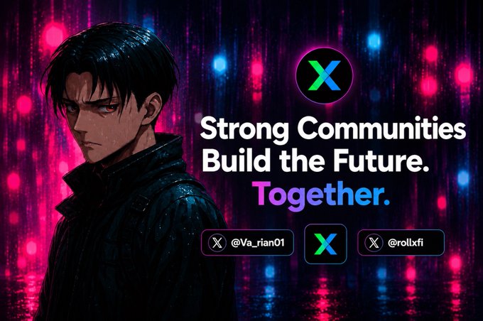 A promotional graphic featuring an anime-style character on the left against a neon pink and blue digital background, with the text 'Strong Communities Build the Future. Together.' and social media handles for @Va_rian01 and @rollxfi.