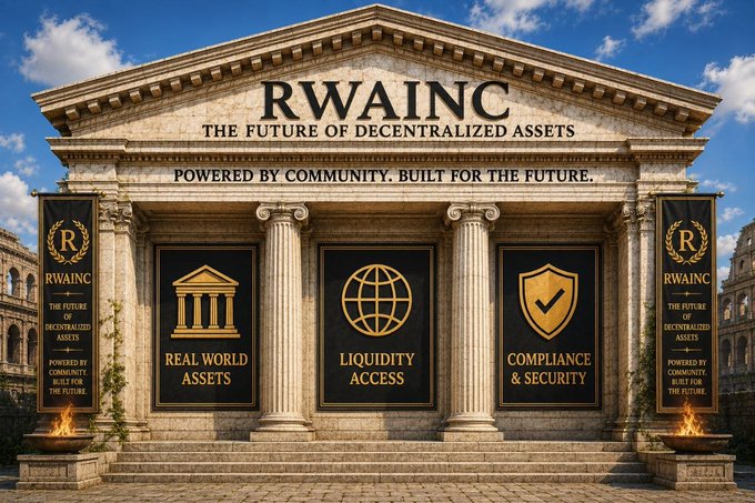 A grand classical-style building facade emblazoned with "RWAINC - THE FUTURE OF DECENTRALIALIZED ASSETS - POWERED BY COMMUNITY. BUILT FOR THE FUTURE," featuring three golden pillars labeled "Real World Assets," "Liquidity Access," and "Compliance & Security," visually reinforcing the post's message that RWAINC is prioritizing real-world asset infrastructure over hype.