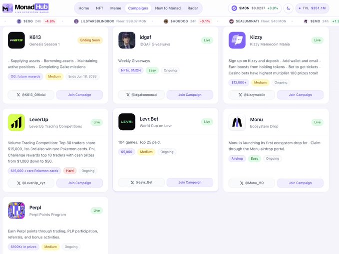 The image shows a screenshot of a website called Monad Eco that has a list of campaigns available for download, including one related to Bitcoin. The campaign names are displayed in purple text against a white background, making them stand out clearly. The website also provides information about each campaign and offers a way to join the campaigns by clicking on the "join" button located at the bottom right corner of the screen.