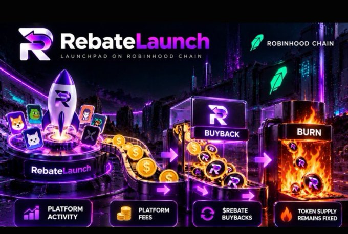 A neon promotional graphic for “RebateLaunch” on Robinhood Chain shows a rocket, coins, $REBATE buybacks, and a “BURN” mechanism, with labels including “PLATFORM ACTIVITY,” “PLATFORM FEES,” “$REBATE BUYBACKS,” and “TOKEN SUPPLY REMAINS FIXED.”