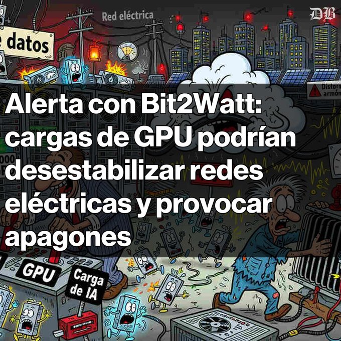 A chaotic cartoon illustration depicts panicked electrical grid workers surrounded by anthropomorphized GPUs and worried "datos" (data) characters amid burning power infrastructure, with the headline "Alerta con Bit2Watt: cargas de GPU podrían desestabilizar redes eléctricas y provocar apagones" warning that malicious GPU loads could destabilize power grids and cause blackouts exceeding 80%. The image visually dramatizes the Bit2Watt cyber-physical attack threat referenced in the accompanying post, showing the chaos and infrastructure damage such GPU-based attacks could inflict on electrical networks.