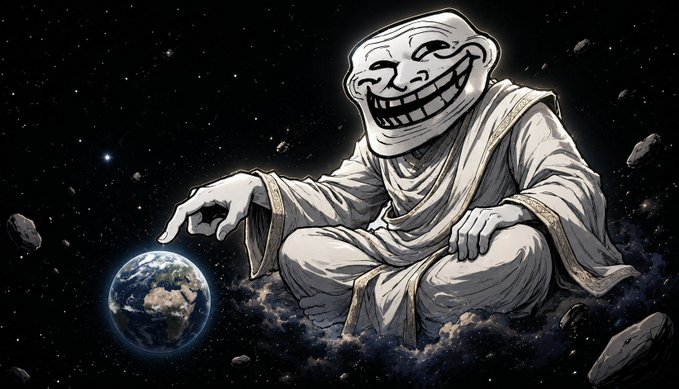 A surreal illustration of a robed figure with a Trollface meme head sitting in space, reaching a finger toward a small Earth with asteroids floating around them.