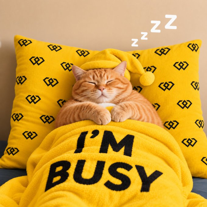 An orange tabby cat sleeps peacefully while wearing a yellow nightcap, tucked under a yellow blanket that reads "I'M BUSY", with "zzz" floating above its head.