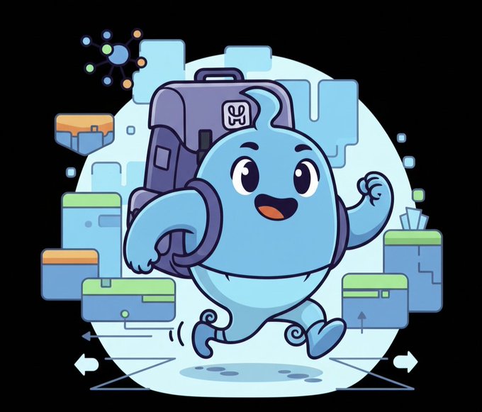 The image features a blue cartoon character, likely a dog or a frog, wearing a backpack while running through a cityscape filled with buildings and boxes. The character appears to be embarking on an adventure, possibly exploring the world of Web3. The background is black, which contrasts with the colorful elements in the foreground. The post includes text that reads "PREPARE FOR A JOURNEY WITH my HashPack backpack strapped tight, I'm setting off to explore the world of Web3 on Hedera! From NFTs to DeFi HashPack is my trusted guide".