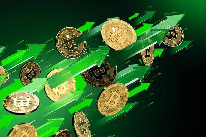 A 3D graphic illustration showing multiple gold Bitcoin coins interspersed with green upward-pointing arrows, symbolizing cryptocurrency price increases.