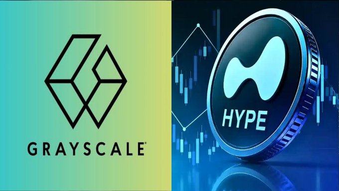 A split image showing the Grayscale logo on a green gradient background on the left, and a 3D coin with the word "HYPE" floating in front of a blue candlestick chart on the right.