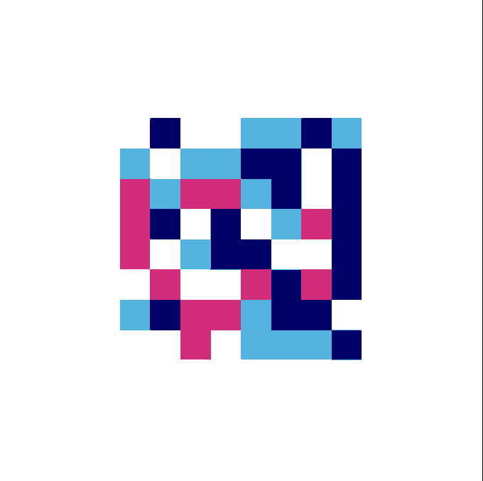 A pixel art graphic composed of blue, pink, and dark navy squares arranged in an abstract pattern on a white background.