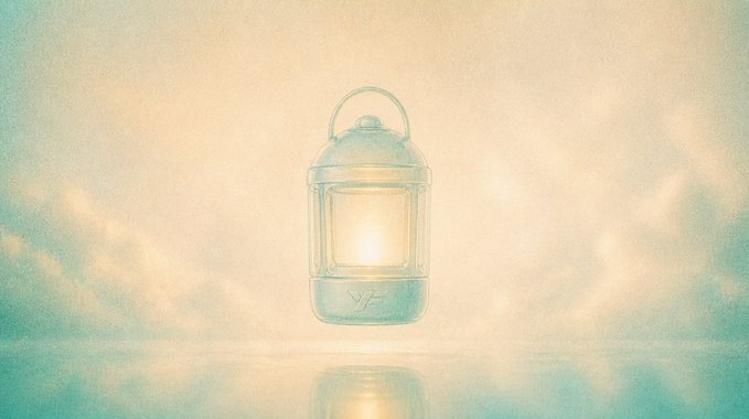 A glowing lantern floats against a soft, dreamy sky in warm orange and teal tones with a reflection beneath it.