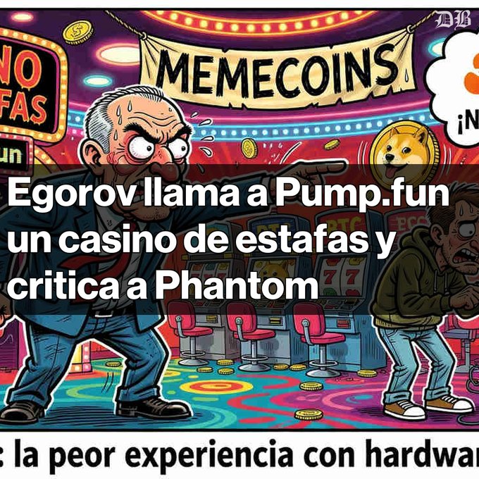Cartoon illustration of a casino scene with a 'MEMECOINS' banner, featuring a stressed older man, slot machines, Doge coins, and Spanish overlay text reading 'Egorov llama a Pump.fun un casino de estafas y critica a Phantom'.