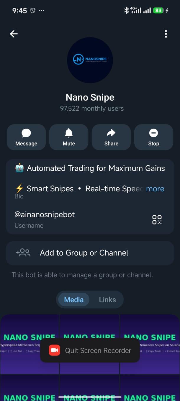 Telegram bot profile for 'Nano Snipe' (@ainanosnipebot) with 97,522 monthly users, advertising 'Automated Trading for Maximum Gains' with smart sniping and real-time speed on Solana, displayed over a screen recording banner.