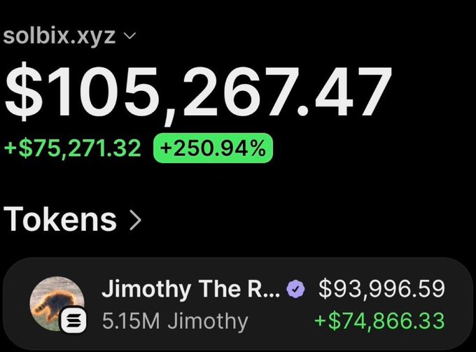 A screenshot of the solbix.xyz dashboard shows a wallet (likely 4nBNtRX6Q3NAhtcaXfV5R2okHr2Cd6iur7EDQvNedujV) holding 5.15M $Jimothy tokens valued at $93,996.59, with a total portfolio of $105,267.47 representing a +$75,271.32 (+250.94%) gain, illustrating the post's claim of a $76 investment turning into massive $Jimothy profits.