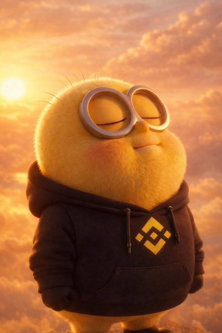 A fluffy yellow chick character wearing round white glasses and a black Binance hoodie (with its yellow logo) stands serenely against a golden sunset sky, embodying a calm Sunday vibe while the post previews on-chain Bitcoin signals and 50,000 BTC moving to exchanges at a loss.