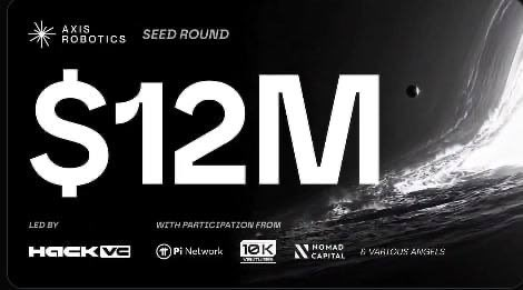 A promotional graphic announcing 'AXIS ROBOTICS SEED ROUND' funding of $12M, led by HACK VC with participation from Pi Network, 10K Ventures, Nomad Capital, and B-Gameious Angels, displayed against a space/planet backdrop.