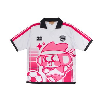 A white and pink Chimpers jersey featuring a cartoon chimpanzee character, the number "22," and a soccer ball design, promoting the limited-edition ChimpersHQ jersey with only 58 units remaining, which includes extras like a Chimpi Otherside avatar, physical redemption, and collectors hub points.