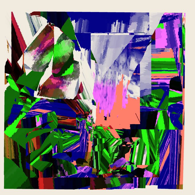 A vibrant abstract painting featuring bold blocks of green, blue, pink, and purple in a collage-like composition with various textures and patterns.