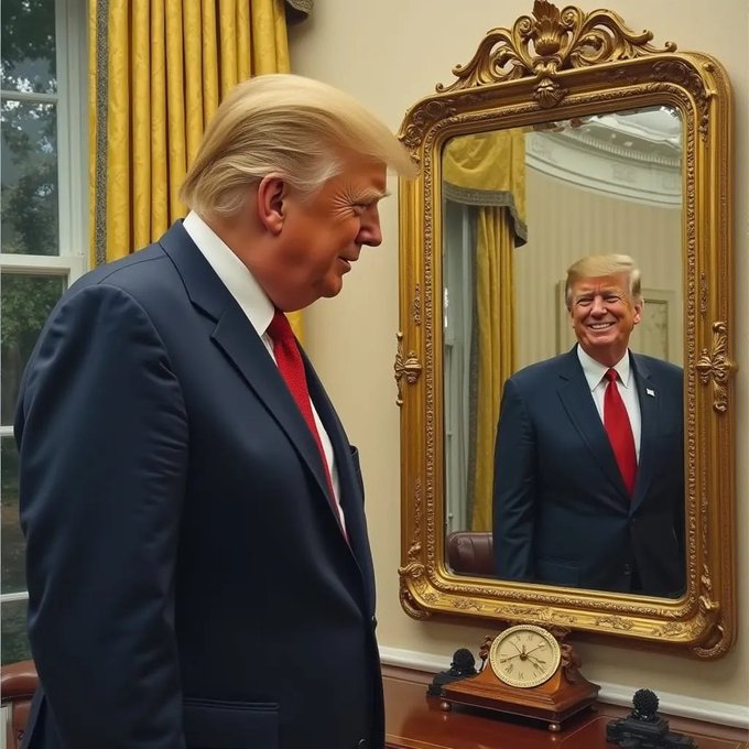 A blonde-haired man in a dark suit and red tie stands in profile in an ornate, gold-curtained room, smiling as he gazes at his own reflection in an elaborate gilded mirror. The accompanying quote about dropped investigations and crypto figures humorously ties into the self-satisfied smile he wears while admiring himself, suggesting amusement at his own political leverage.