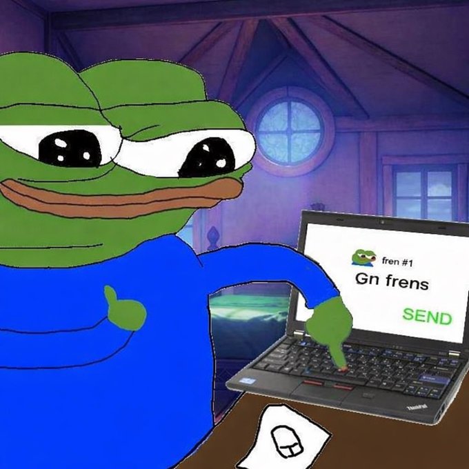 A Pepe the Frog meme showing the character pressing a laptop's send button on a message that reads 'Gn frens,' referencing crypto Twitter culture.