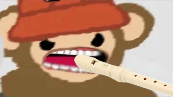 An animated cartoon bear wearing a red cap holds a white recorder in its mouth, set against a plain background.