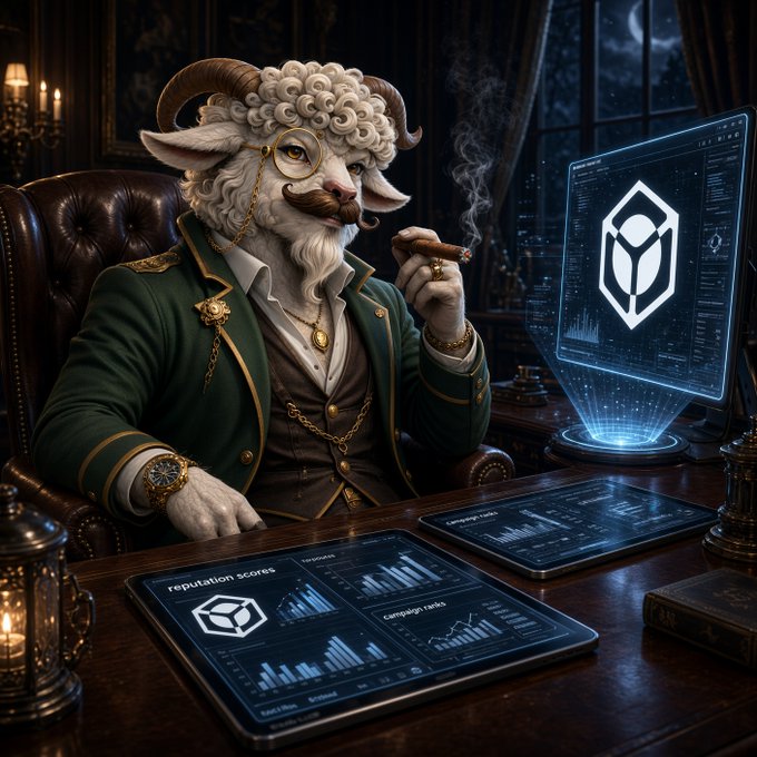 An AI-generated image of an anthropomorphic goat with a mustache and monocle smoking a cigar, seated at a desk with holographic displays showing reputation scores and campaign tasks.
