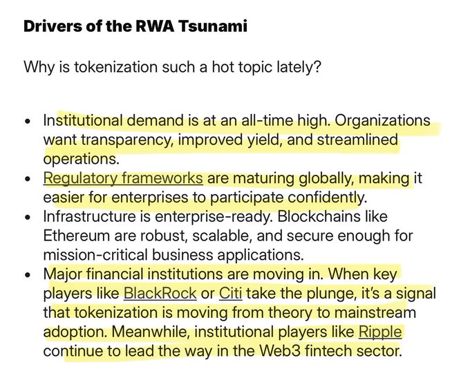 The image displays a slide titled "Drivers of the RWA Tsunami" that outlines key factors fueling tokenization's rise, including all-time high institutional demand, maturing global regulatory frameworks, enterprise-ready blockchain infrastructure like Ethereum, and major financial institutions like BlackRock and Citi moving into the space—while highlighting Ripple's leadership in Web3 fintech, directly illustrating the post's point about tokenization shifting from theory to mainstream adoption.