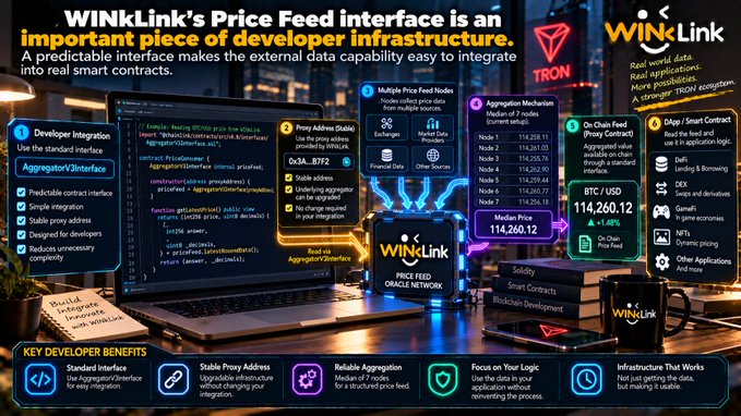 A promotional graphic for 'WINLink's Price Feed interface' on the TRON blockchain, highlighting oracles, smart contracts, and developer integration benefits.