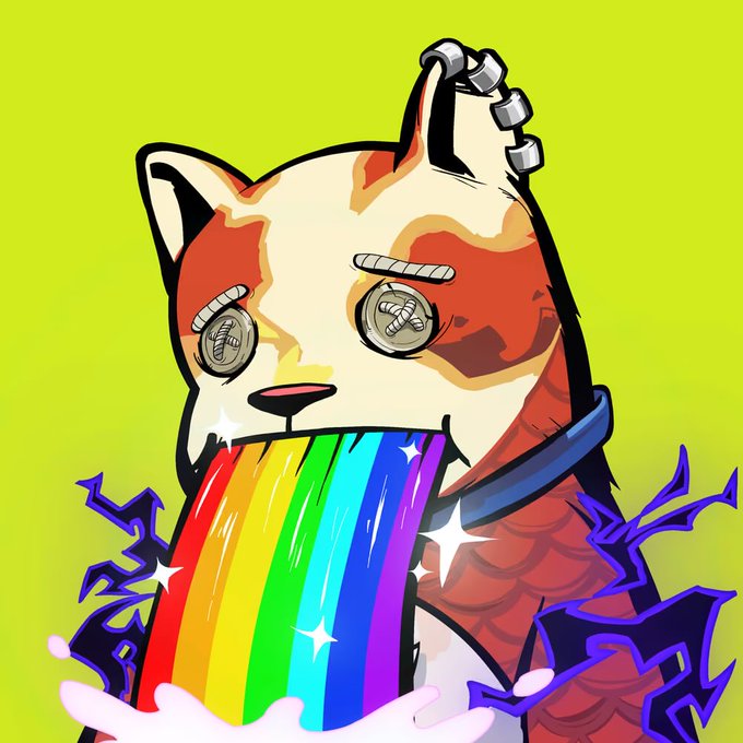 A cartoon red panda character with metallic bolts for eyes "vomits" a vibrant rainbow stream onto a neon yellow background, surrounded by purple lightning crackles. The chaotic, glitchy aesthetic and rainbow motif visually reinforce the post's heartfelt gratitude to a community of NFT collectors, celebrating the colorful, messy, and memorable journey shared together.