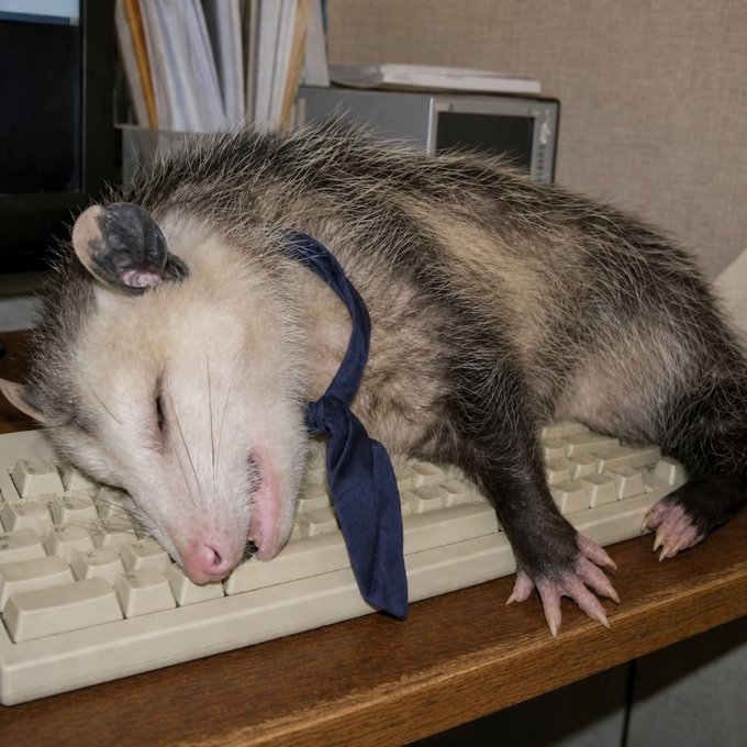 An opossum wearing a blue necktie sleeps face-down on a computer keyboard, humorously personifying a disengaged office worker. The image playfully ties into the "$OOOP" Solana memecoin launch by depicting the "lazy" employee mascot, with the post directing viewers to buy the token via the pump.fun link and contract address "CjdwJFy6BCq27KFXkhpYRLPTugMBo2FivVMvNpsapump" on the website ooopossum.xyz.