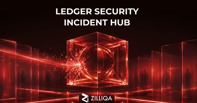 This image announces the "LEDGER SECURITY INCIDENT HUB" and features the Zilliqa logo, indicating ongoing updates regarding a signing flaw affecting Zilliqa's Ledger application for legacy accounts. The visual of a breaking cube symbolizes the security incident being addressed.