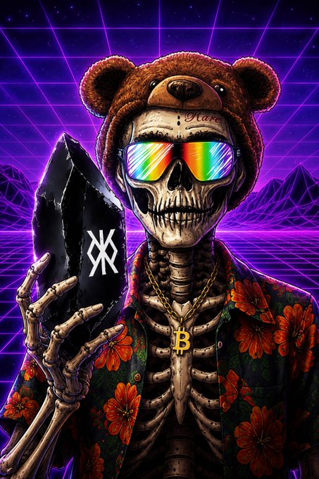 A skeleton wearing a bear hat, rainbow sunglasses, and a floral shirt holding a black surfboard labeled 'XX', set against a purple neon grid background with mountains.