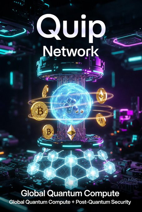 The image features a poster for Quip Network, which is a global Quantum Computing company that has developed a unique computing system called the Global Quantum Computer (GQC). The GQC is designed to process information using quantum bits or qubits, allowing for faster and more efficient data processing compared to traditional classical computers. The poster showcases the GQC's innovative approach by incorporating a 3D rendering of a blue crystal ball surrounded by gold coins, symbolizing the fusion of technology and creativity that Quip Network represents.