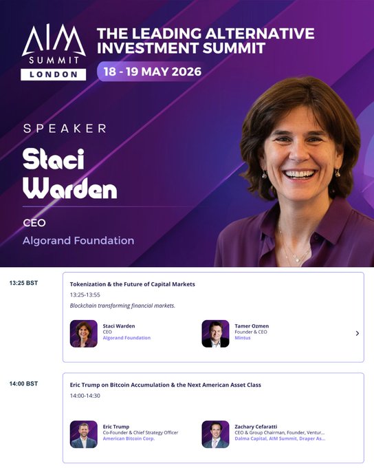 The image features a purple background with white text that reads "aim summit london 18 19 May 2026 Speaker Staci Warden CEO of Algoand Foundation". The poster also includes a photo of a woman smiling, which adds a human touch to the otherwise technical content.