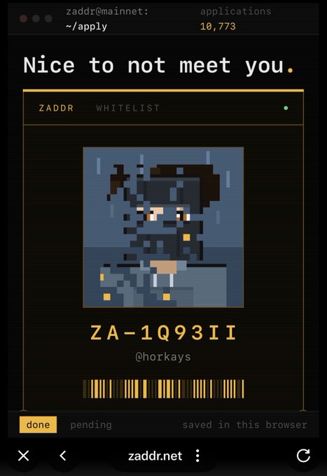 A digital 'Nice to not meet you.' whitelist profile from zaddr@mainnet shows a pixel-art character with the ID 'ZA-1Q93II' and username '@horkays' on the zaddr.net platform.