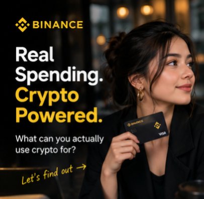 A Binance-branded promotional graphic features a woman holding a Binance Visa card alongside the text "Real Spending. Crypto Powered." and "What can you actually use crypto for? Let's find out →," visually reinforcing the message that the Binance Card enables everyday purchases at 90M+ merchants using crypto balances.