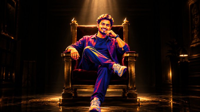 A smiling young man in a blue and red outfit sits relaxed on an ornate throne-like chair, illuminated by a spotlight in a dark setting.