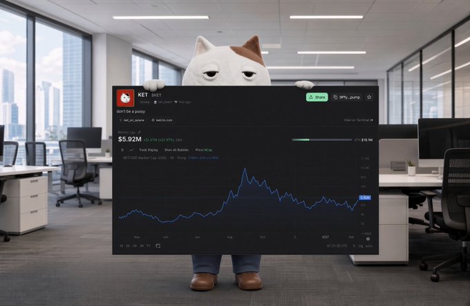 A cat-headed figure standing in an office holding a chart for token $KET showing its price at $5.92M with a market cap line graph.
