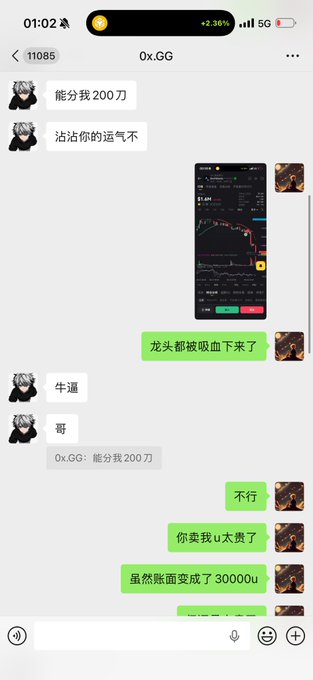 A mobile chat screenshot showing a conversation in Chinese where the user discusses trading, mentioning a chart screenshot and comments about a leading stock being bought down by bears, while another user asks for 2 million (200万).