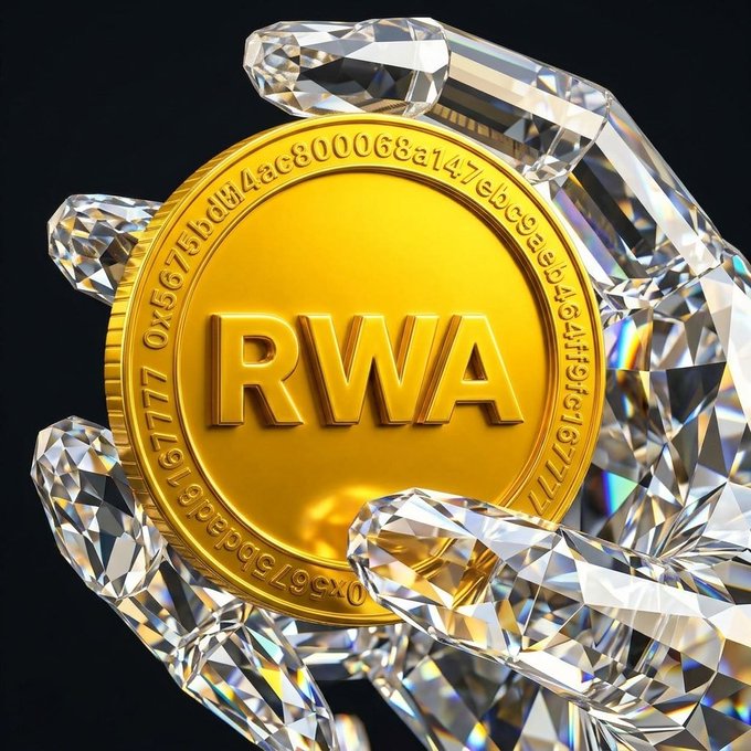 The image features a gold coin with the word "RWA" written on it, being held by a hand made of glass or crystal material. The background of the image is black, which contrasts with the golden color of the coin. The text in the image reads "RWA'S first target is 50 million, ultimate target is 1 billion, retire in one go." This message seems to be related to the RWA coin being held by a hand made from glass or crystal material.