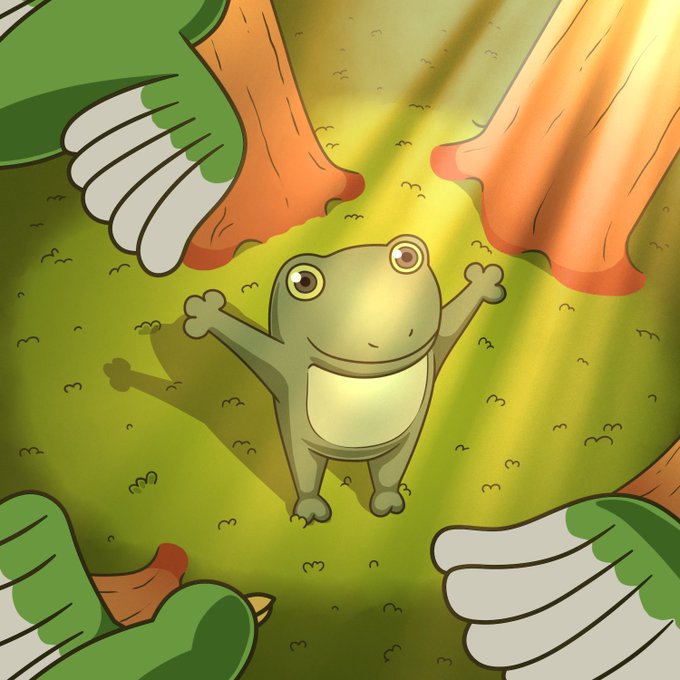 A cartoon drawing of a smiling frog standing on its hind legs in a grassy area between tree trunks, with a pair of cartoon hands reaching toward it from the edges of the frame.