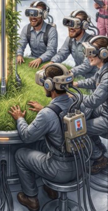A man in a jumpsuit and VR headset, along with other workers, tends to a vertical hydroponic farm, blending agricultural labor with futuristic tech—visually capturing the absurd "clocking in" grind of $STONKBROKER trading life, where endless hustle replaces human fulfillment with mechanical, virtualized work.