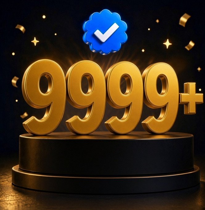 A 3D rendered graphic showing the golden text '9999+' on a black pedestal with a blue verified checkmark badge above it, surrounded by gold confetti.