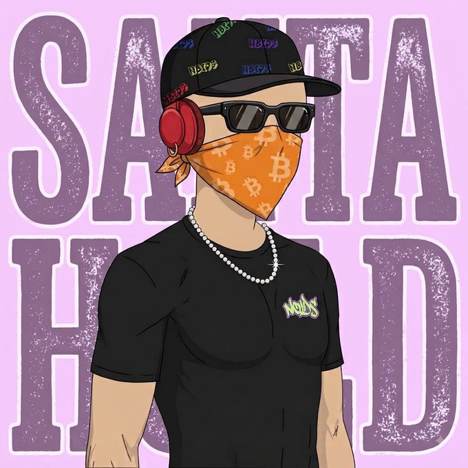 An illustrated figure wears a black cap and shirt with "NBTOYS" branding, red headphones, sunglasses, a pearl necklace, and an orange Bitcoin-patterned face mask, set against a pink background with large purple "SAHAD" lettering. The image visually ties into the "Gm NFTs" post by blending cryptocurrency culture (Bitcoin mask) with stylized NFT/streetwear aesthetics.