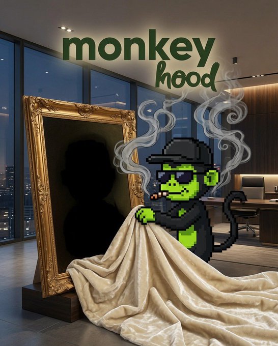 A pixel-art monkey wearing a fedora and sunglasses smokes a cigar while pulling a sheet off a framed silhouette in a modern high-rise office, with the text "monkey hood" displayed at the top. The image ties into the post's promotion for the "monkey hood" NFT collection, using the burning/silhouette motif to visually reinforce the "burn 2 monkeys" call-to-action for their economy.