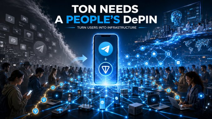 The image shows a group of people using their phones, with one person holding up a phone displaying a blue screen that says "TON needs a people's DePIN", while another person has a phone showing a telegram app icon. The text in the image suggests that there is an ongoing discussion or debate about the importance and relevance of these two platforms for users. The post seems to be promoting the idea that Telegram, as a messaging platform, holds more value than Telegram's DePin feature due to its ability to attract and retain users through incentives and rewards.