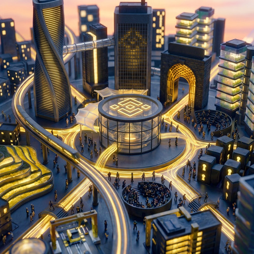 A stylized miniature cityscape glows with warm golden lights, featuring a central circular plaza surrounded by illuminated skyscrapers and winding streets populated by tiny figures—visually echoing the post's metaphor of a crypto-themed "BinanceTown" that reaches its fixed cap of 1025 citizens, after which only transfers and protocol settlements remain.